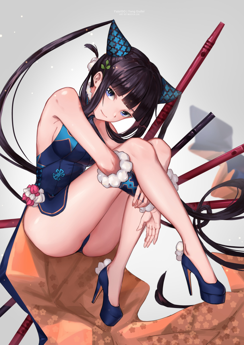 1girl absurdres ass bangs bare_shoulders blue_dress blue_eyes blue_footwear blunt_bangs blush breasts china_dress chinese_clothes closed_mouth detached_sleeves dress fate/grand_order fate_(series) floral_print flute hair_ornament head_tilt high_heels highres instrument knees_up large_breasts leaf_hair_ornament leg_hug legs long_hair looking_at_viewer mocca_chi purple_hair side_slit sidelocks smile solo twintails very_long_hair yang_guifei_(fate/grand_order)