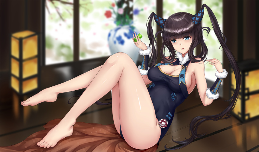 bangs bare_shoulders bare_thighs barefoot black_dress blue_fire blunt_bangs center_opening china_dress chinese_clothes detached_sleeves double_bun dress fate/grand_order fate_(series) feet fire hair_ornament highres leaf_hair_ornament long_hair purple_hair sidelocks thighs twintails very_long_hair yang_guifei_(fate/grand_order) zcheng_weibing
