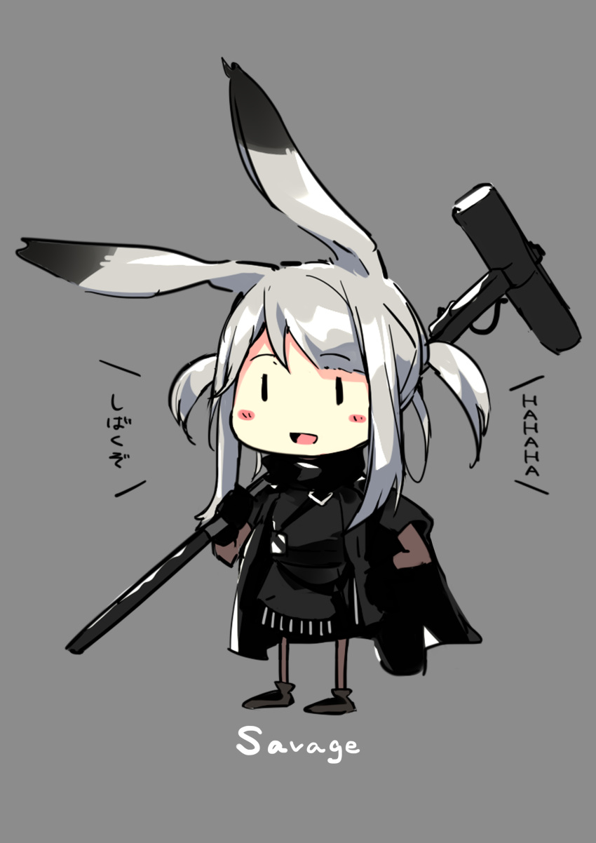 1girl :d absurdres animal_ears arknights bangs black_footwear black_jacket black_shirt black_skirt blush_stickers character_name check_translation chibi commentary_request eyebrows_visible_through_hair full_body hammer highres holding holding_hammer holding_weapon jacket long_hair open_clothes open_jacket open_mouth over_shoulder rabbit_ears sakusyo savage_(arknights) shirt shoes sidelocks silver_hair skirt smile solo standing striped translation_request twintails vertical-striped_skirt vertical_stripes weapon weapon_over_shoulder |_|