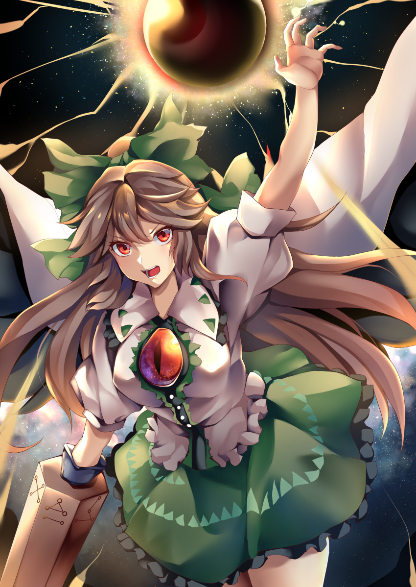 1girl absurdres arm_cannon arm_up bird_wings black_wings blouse bow breasts brown_hair buttons cape collared_blouse commentary control_rod cowboy_shot eclipse eyebrows_visible_through_hair frilled_skirt frills green_bow green_skirt hair_bow highres koizumo long_hair looking_at_viewer medium_breasts open_mouth puffy_short_sleeves puffy_sleeves red_eyes reiuji_utsuho serious short_sleeves skirt solar_eclipse starry_sky_print sun touhou weapon white_blouse white_cape wings