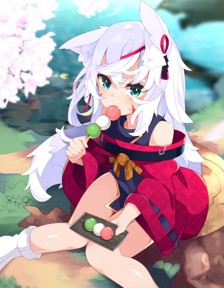 1girl animal_ear_fluff animal_ears bangs blue_dress blurry blurry_background blush commentary dango day depth_of_field dress eating facial_mark fang feet_out_of_frame flower food green_eyes hair_between_eyes highres holding holding_food long_hair long_sleeves looking_at_viewer moyamoyakun021 original outdoors pink_flower sanshoku_dango sitting sleeveless sleeveless_dress solo tabi tail tree_stump wagashi water white_legwear wide_sleeves