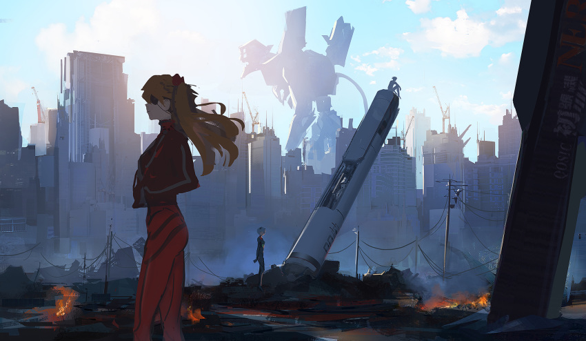2girls ayanami_rei backlighting black_bodysuit blue_sky bodysuit bodysuit_under_clothes city closed_mouth clouds commentary day english_commentary evangelion:_3.0_you_can_(not)_redo eyepatch fire from_side hands_in_pockets highres jacket long_hair long_sleeves mecha multiple_girls neon_genesis_evangelion outdoors plugsuit qosic rebuild_of_evangelion red_bodysuit red_jacket ruins shikinami_asuka_langley silver_hair sky souryuu_asuka_langley sunlight telephone_pole twintails