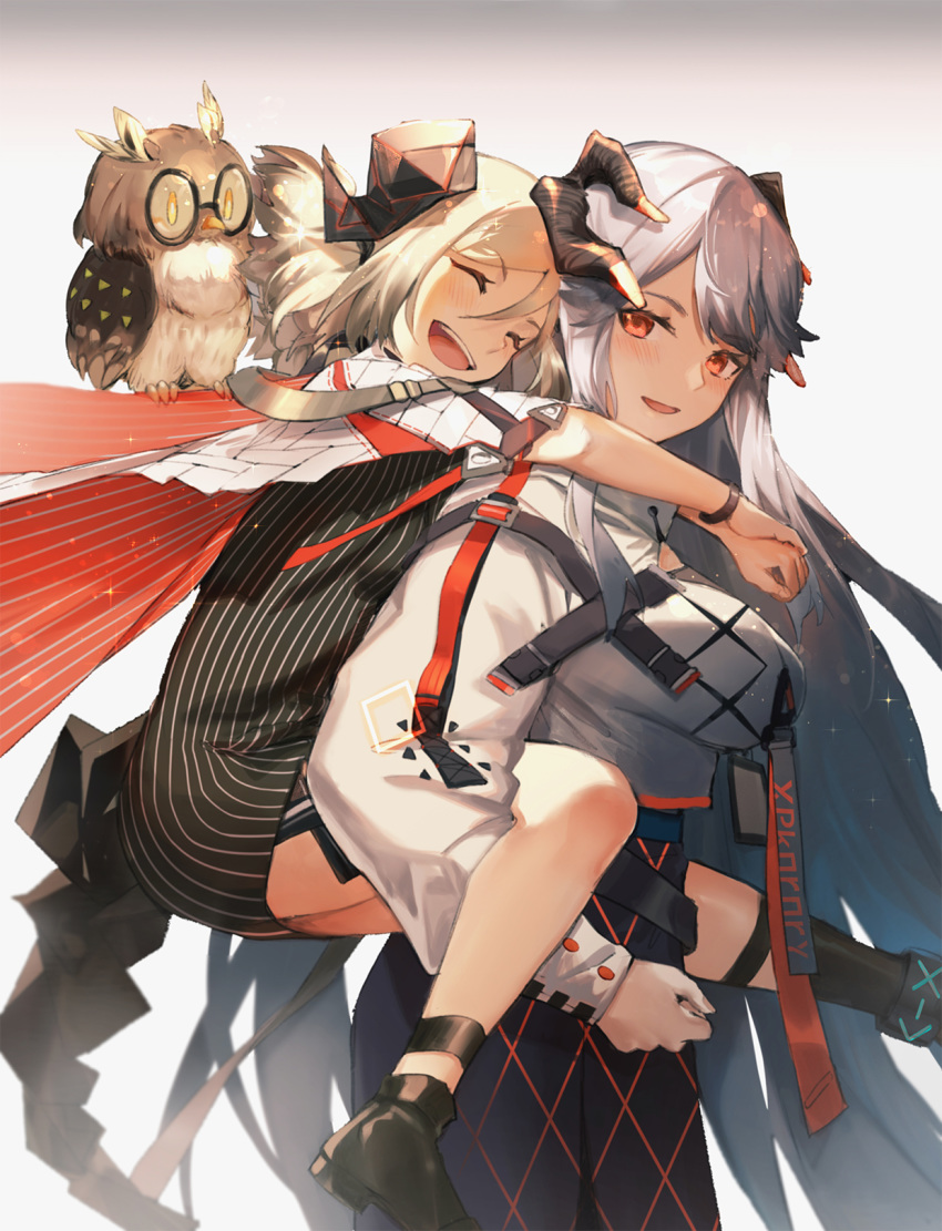 2girls :d ^_^ arknights bangs bird bk201 black_dress black_footwear black_skirt blush breasts cape carrying closed_eyes cowboy_shot dress from_side glasses gradient gradient_background grey_background hair_between_eyes highres horns ifrit_(arknights) long_hair long_sleeves looking_at_viewer medium_breasts multiple_girls open_mouth owl piggyback puffy_sleeves red_eyes round_eyewear saria_(arknights) shirt shoes short_dress silence_(arknights) silence_(arknights)_(owl) silver_hair skirt smile standing striped tail vertical-striped_dress vertical_stripes white_background white_shirt
