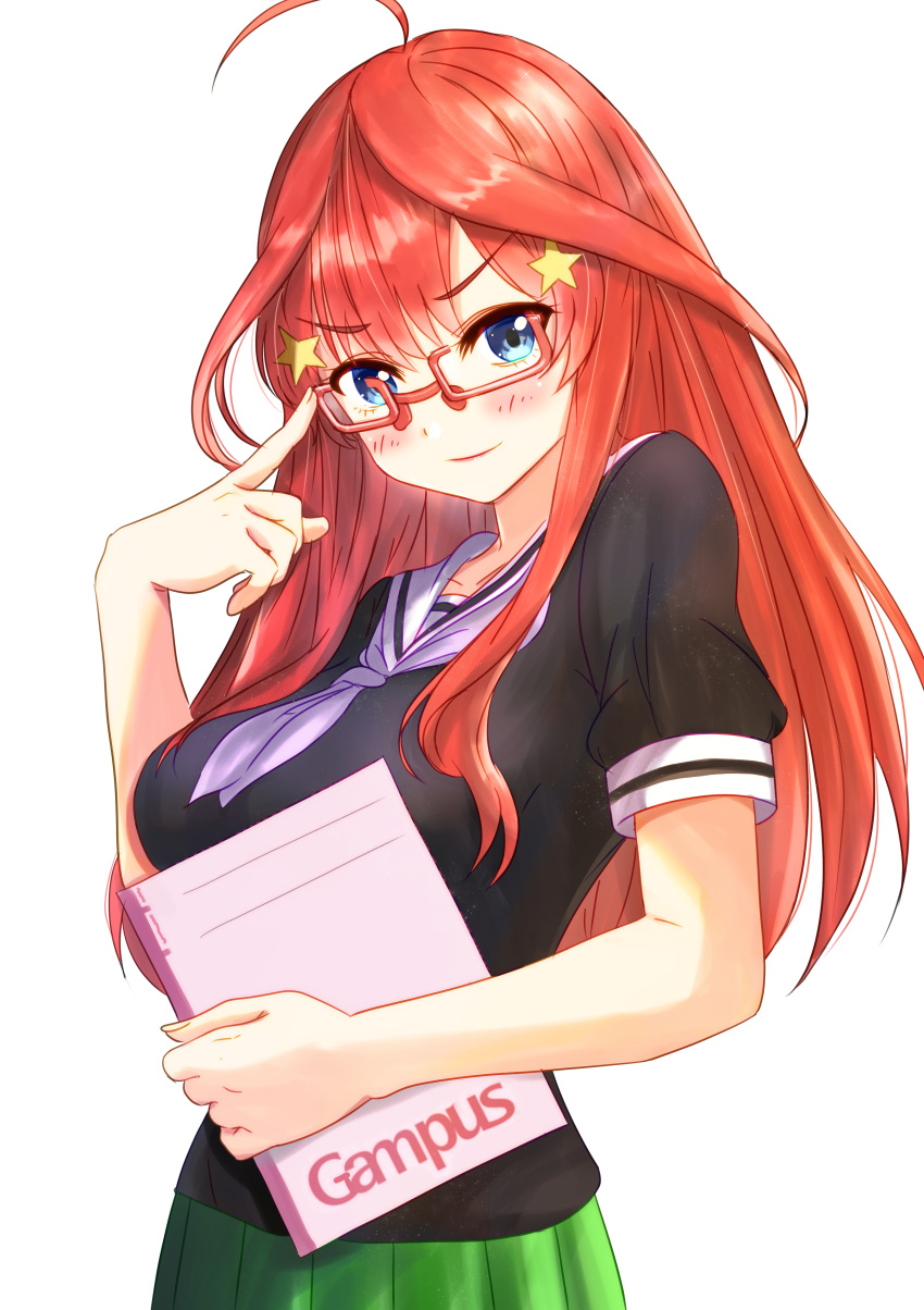 &gt;:) 1girl absurdres adjusting_eyewear ahoge black_shirt blue_eyes blush eyebrows_visible_through_hair go-toubun_no_hanayome green_skirt hair_ornament highres holding_notebook long_hair looking_at_viewer nakano_itsuki neckerchief notebook red-framed_eyewear redhead rei_(ilust9999) sailor_collar shirt short_sleeves simple_background skirt solo star star_hair_ornament white_background white_neckwear white_sailor_collar