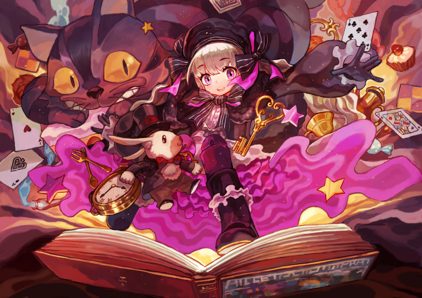 1girl :d absurdres bangs beret black_bow black_footwear black_gloves blunt_bangs book boots bow bowtie candy capelet card cat cheshire_cat commentary_request cup cupcake doll_joints dress eyebrows_visible_through_hair fate/extra fate/grand_order fate_(series) food fork frilled_boots frilled_sleeves frills fur_trim gloves hat highres holding_pocket_watch hong_da key long_hair long_sleeves looking_at_viewer nursery_rhyme_(fate/extra) open_book open_mouth outstretched_arm pink_bow playing_card pocket_watch rabbit red_bow red_neckwear ruffled_dress smile spoon star striped striped_bow suit_jacket teacup top_hat upper_teeth violet_eyes watch wavy_hair white_hair white_rabbit