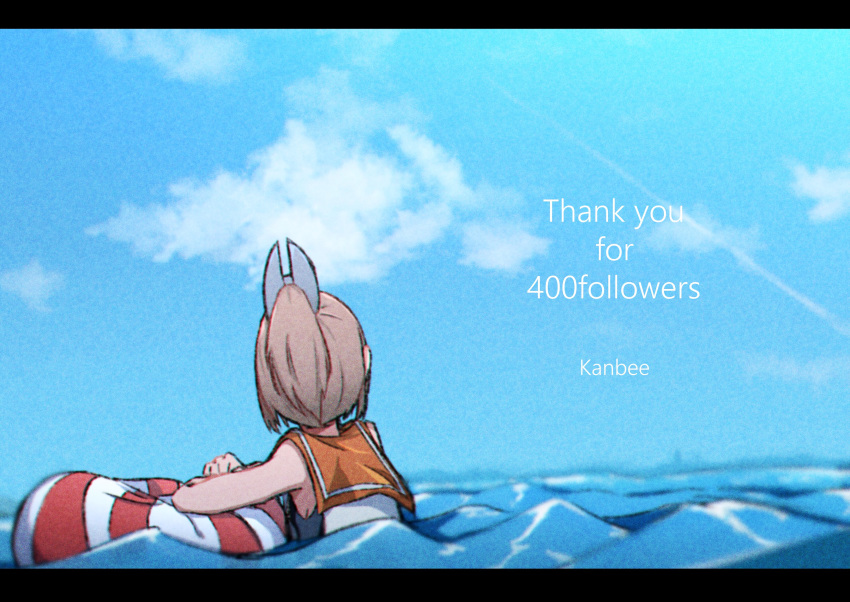1girl absurdres blue_sky brown_hair clouds condensation_trail day followers from_behind hair_ornament hairclip highres i-401_(kantai_collection) kan6e_ver kantai_collection lifebuoy ocean orange_sailor_collar outdoors ponytail sailor_collar school_swimsuit shirt short_ponytail sky sleeveless sleeveless_shirt solo swimsuit swimsuit_under_clothes upper_body water
