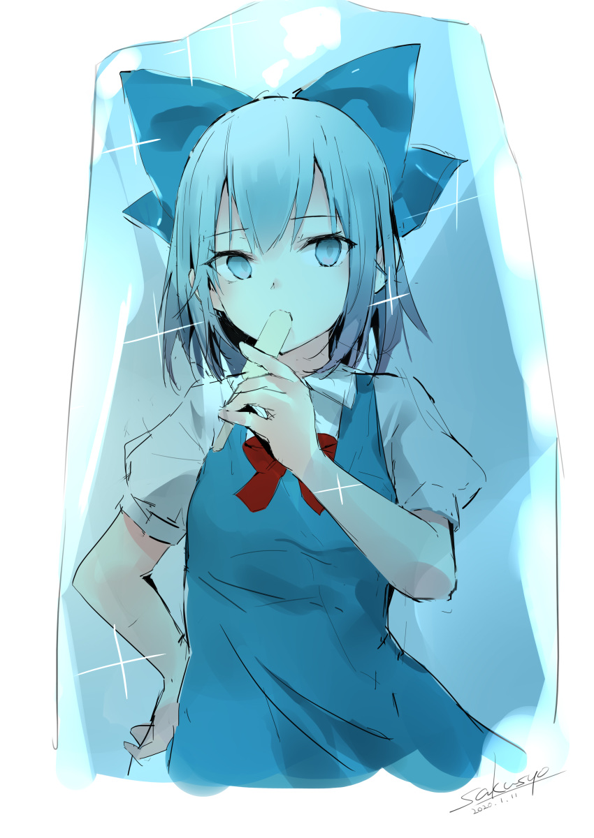 1girl absurdres artist_name bangs blue_bow blue_dress blue_eyes blue_hair bow bowtie cirno commentary_request dated dress eyebrows_visible_through_hair food food_in_mouth frozen hair_bow hand_on_hip highres holding holding_food looking_at_viewer pinafore_dress popsicle puffy_short_sleeves puffy_sleeves red_bow red_neckwear sakusyo shirt short_hair short_sleeves sidelocks signature sketch solo sparkle touhou upper_body white_shirt