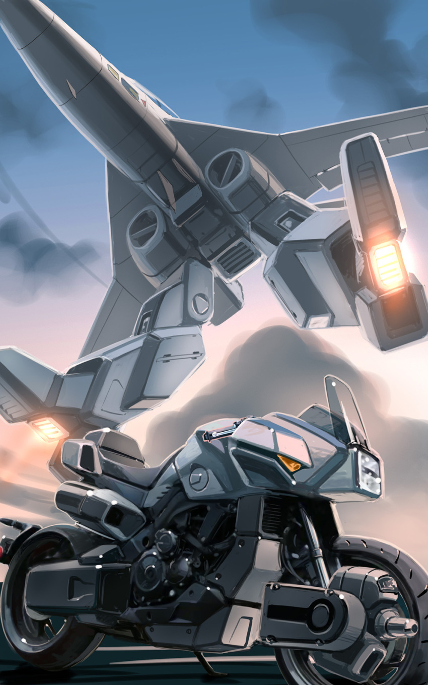 clouds commentary commentary_request energy_gun engine flying gerwalk ground_vehicle highres k-kat kikou_souseiki_mospeada legioss lights machinery mecha mospeada mospeada_(mecha) motor_vehicle motorcycle no_humans realistic science_fiction thrusters variable_fighter weapon