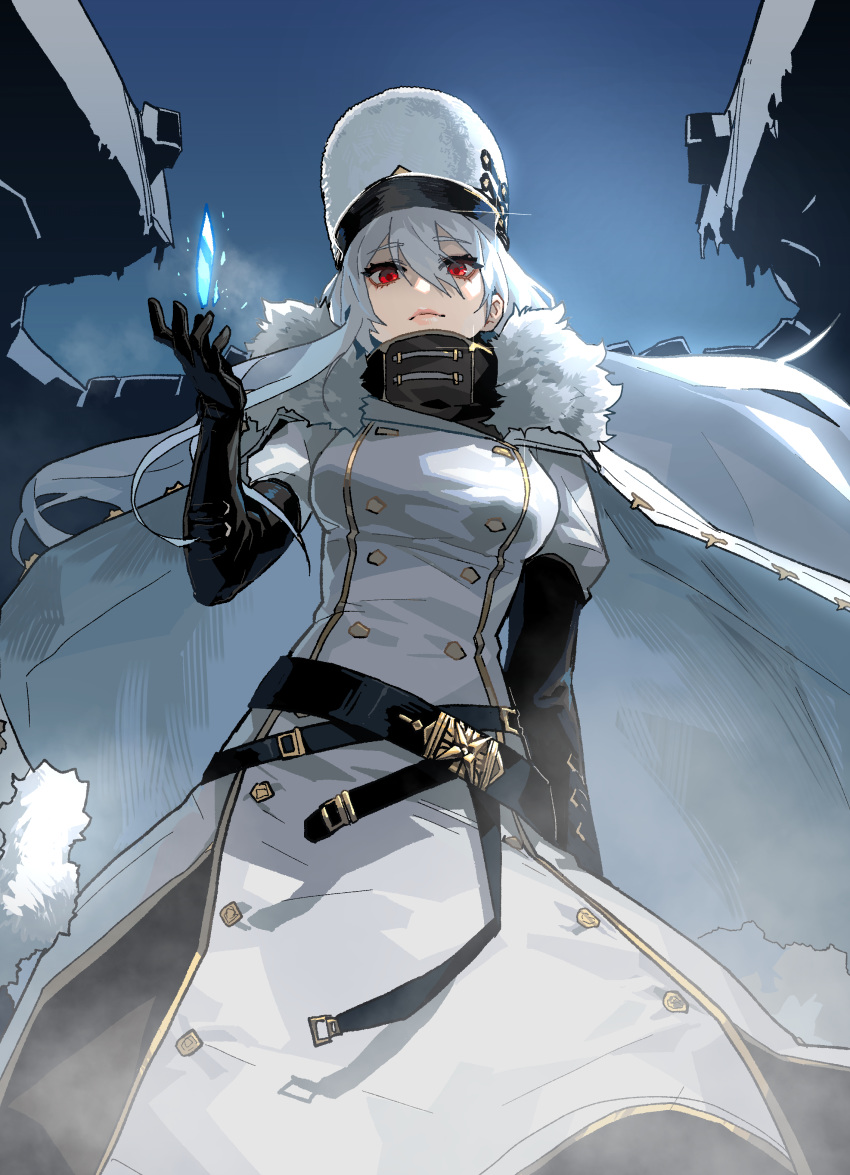 1girl absurdres azur_lane belt black_gloves breasts cape coat coat_dress double-breasted elbow_gloves fur-trimmed_coat fur_trim gloves gogalking hair_between_eyes hat high_collar highres ice large_breasts long_hair looking_at_viewer machinery military_hat red_eyes silver_hair solo sovetskaya_rossiya_(azur_lane) turret turtleneck very_long_hair white_coat white_hair white_headwear winter_clothes winter_coat