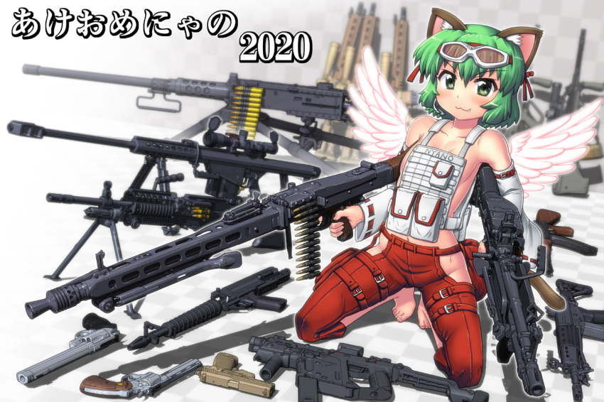 2020 :3 ak-47 angel_wings animal_ears anti-materiel_rifle assault_rifle barefoot barrett_m82 bipod breasts bulletproof_vest cat_ears character_name colt_python detached_sleeves dual_wielding goggles goggles_on_head green_eyes green_hair gun handgun hase_yu holding kriss_vector machine_gun mg42 nyano original pistol pouch revolver rifle scope seiza sideboob sitting small_breasts smile smith_&amp;_wesson_model_500 sniper_rifle submachine_gun translation_request trigger_discipline weapon wings