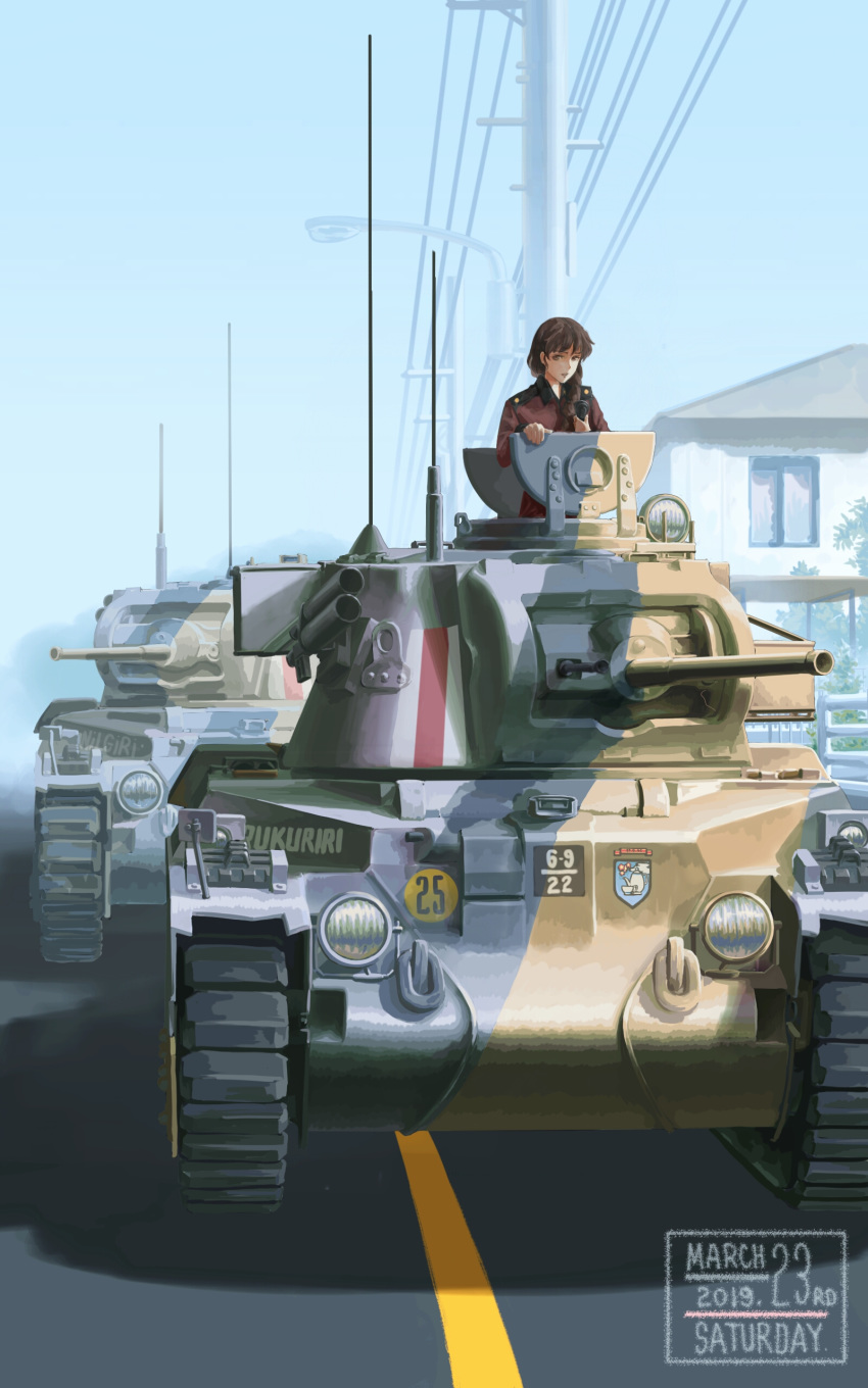 1girl absurdres bangs blue_sky braid brown_hair building character_name clear_sky commentary dated day emblem english_commentary english_text fading girls_und_panzer ground_vehicle hair_over_shoulder highres holding jacket lamppost long_hair long_sleeves looking_at_viewer matilda_(tank) military military_uniform military_vehicle motor_vehicle open_mouth outdoors power_lines radio red_jacket road rukuriri_(girls_und_panzer) single_braid sky solo st._gloriana's_(emblem) st._gloriana's_military_uniform tank uniform useless utility_pole
