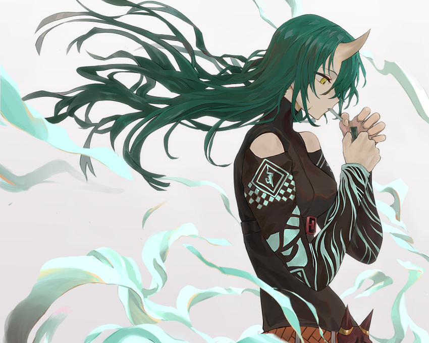1girl arknights bangs breasts cigarette facial_scar from_side green_hair grey_background highres holding horn hoshiguma_(arknights) koio lighter lighting_cigarette long_hair long_sleeves medium_breasts mouth_hold oni_horn profile scar solo turtleneck yellow_eyes