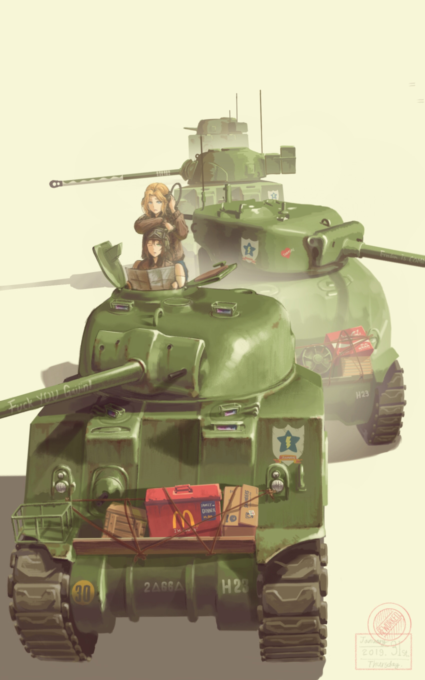 2girls absurdres arm_on_head beige_background black_headwear blonde_hair box brown_jacket coca-cola commentary dated emblem english_commentary english_text extra fading girls_und_panzer goggles goggles_on_headwear ground_vehicle heart helmet-chan_(girls_und_panzer) highres holding holding_map jacket kay_(girls_und_panzer) logo long_sleeves m4_sherman mcdonald's military military_vehicle motor_vehicle multiple_girls one_eye_closed open_mouth profanity radio saunders_(emblem) saunders_military_uniform sherman_firefly sitting tank tank_helmet useless