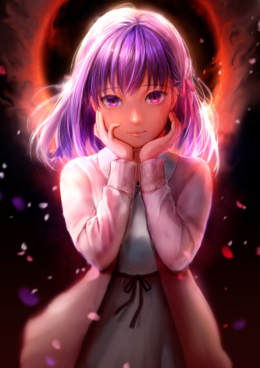 1girl akinashe bangs black_ribbon breasts commentary_request dress fate/stay_night fate_(series) hair_ribbon heaven's_feel highres jacket long_hair long_sleeves looking_at_viewer matou_sakura pink_jacket pink_ribbon purple_hair ribbon smile solo violet_eyes white_dress