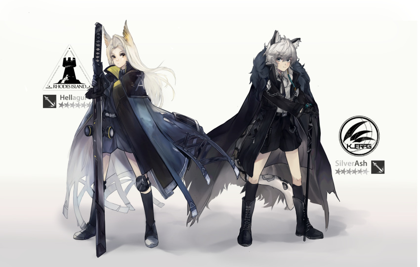 2boys absurdres animal_ears arknights black_cape black_footwear black_gloves black_jacket black_legwear black_neckwear black_shorts blue_cape boots cane cape character_name commentary fur-trimmed_cape fur_trim gloves gradient gradient_background grey_background grey_eyes hellagur_(arknights) highres jacket katana knee_pads kneehighs leopard_ears long_hair looking_at_viewer male_focus multiple_boys necktie open_clothes open_jacket pikadflour planted_sword planted_weapon shadow shirt shorts silver_hair silverash_(arknights) sword weapon white_shirt yellow_eyes younger