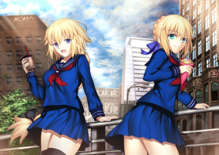 2girls ahoge artoria_pendragon_(all) bangs black_bow black_legwear blonde_hair blue_bow blue_eyes blue_sailor_collar blue_serafuku blue_shirt blue_skirt bow braid breasts bubble_tea building crepe cup day disposable_cup drinking_straw eyebrows_visible_through_hair fate/apocrypha fate/grand_order fate/stay_night fate_(series) food green_eyes hair_between_eyes hair_bow holding holding_cup holding_food ice ice_cube jeanne_d'arc_(fate) jeanne_d'arc_(fate)_(all) long_hair long_sleeves looking_at_viewer mishiro0229 multiple_girls neckerchief official_style outdoors pleated_skirt railing red_neckwear saber sailor_collar shirt single_braid skirt small_breasts thigh-highs very_long_hair window