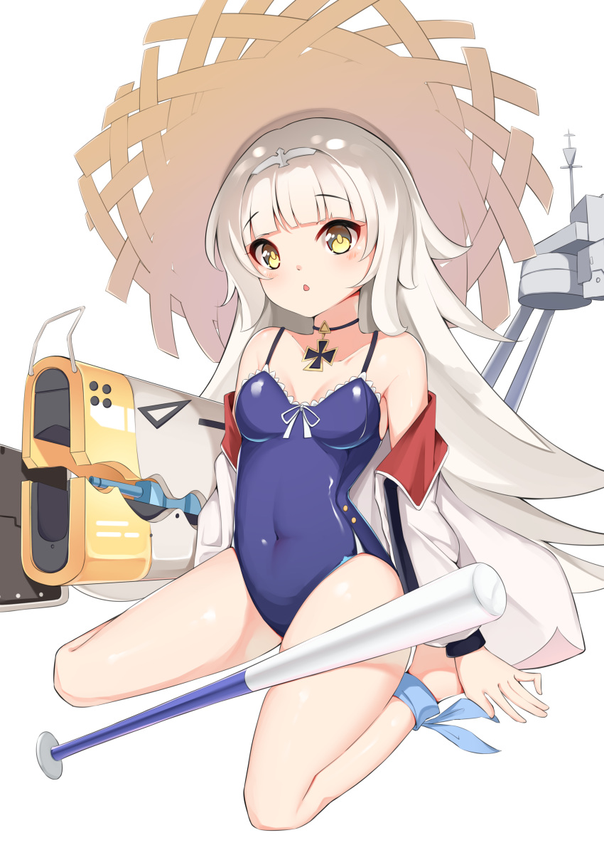 1girl :o absurdres azur_lane bangs bare_legs bare_shoulders baseball_bat blue_swimsuit blush breasts child collarbone commentary covered_navel cross hair_ornament hat highres holding jacket long_hair long_sleeves looking_at_viewer medium_breasts off-shoulder_jacket open_mouth simple_background small_breasts solo sun_hat swimsuit tming white_background white_hair white_jacket yellow_eyes z46_(azur_lane)