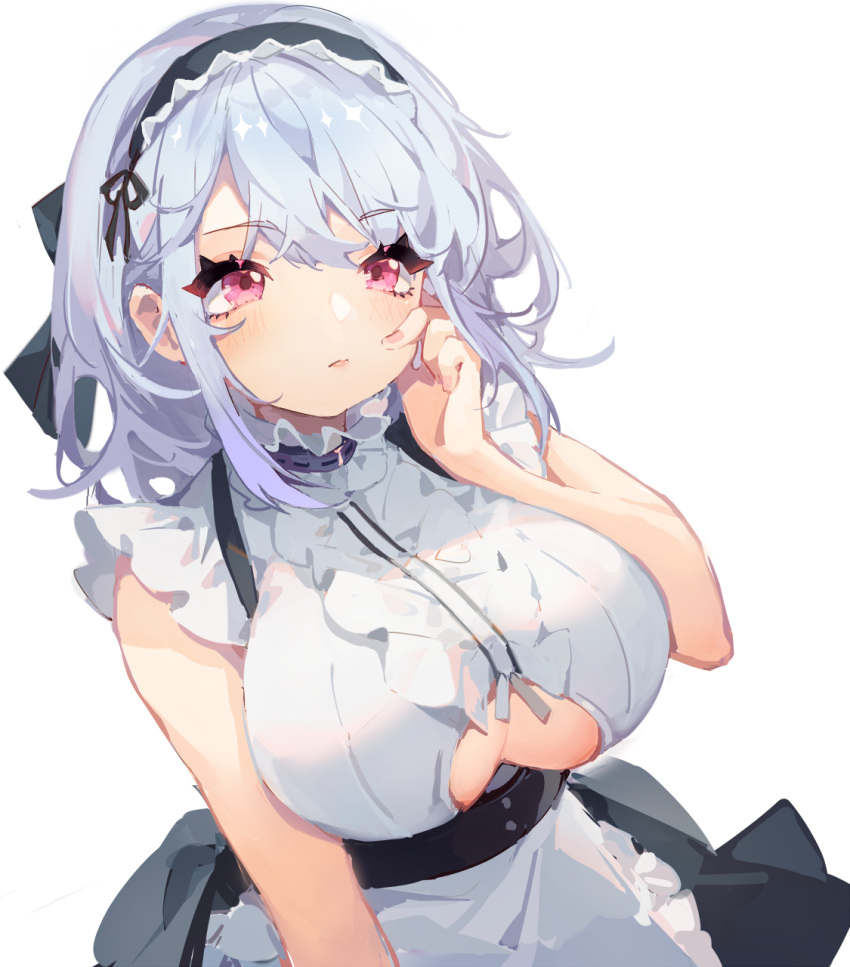 1girl apron azur_lane bangs bare_shoulders black_hairband black_skirt blush breasts center_frills closed_mouth dido_(azur_lane) eyebrows_visible_through_hair frilled_shirt frills hairband hand_on_own_cheek highres large_breasts long_hair looking_at_viewer maid pink_eyes shirt silver_hair simple_background skirt sleeveless sleeveless_shirt solo under_boob underboob_cutout waist_apron white_apron white_background white_shirt you_hashira