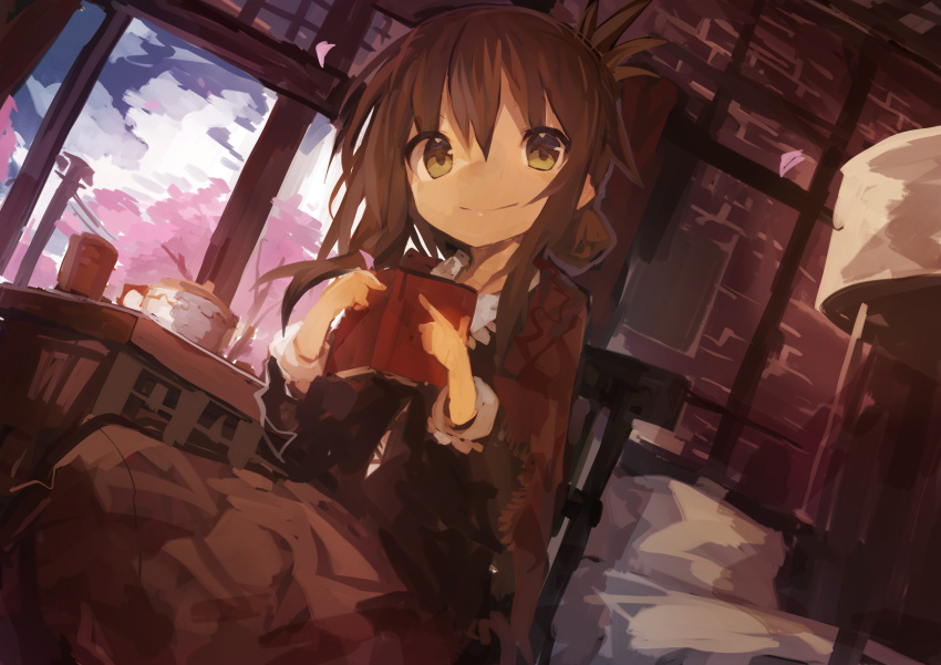 1girl absurdres alternate_costume bangs book brown_hair chair clouds folded_ponytail highres holding holding_book inazuma_(kantai_collection) indoors kaamin_(mariarose753) kantai_collection ponytail sitting sky smile solo window yellow_eyes