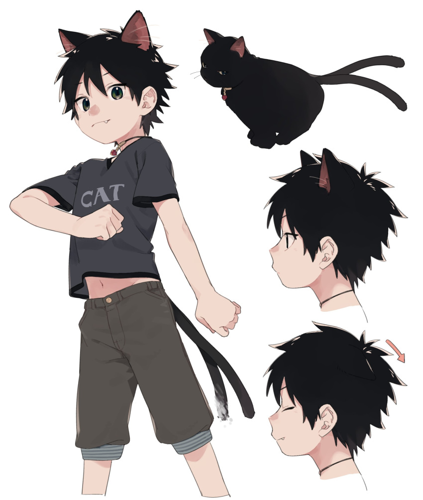 1boy animal_ears animal_toyroom black_hair cat cat_boy cat_ears cat_tail character_sheet closed_eyes extra_ears fang green_eyes highres jewelry looking_at_viewer male_focus midriff navel necklace nekomata original shirt shorts simple_background smile solo t-shirt tail virtual_youtuber white_background