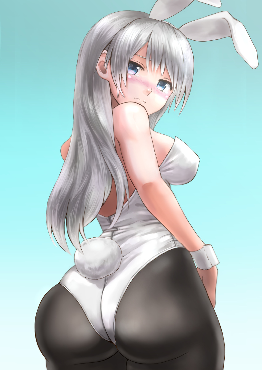 1girl absurdres animal_ears ass black_legwear blue_background bunny_girl bunny_tail bunnysuit commentary_request cowboy_shot from_behind gradient gradient_background grey_eyes highres izawa_koushi leotard looking_at_viewer looking_back original pantyhose rabbit_ears silver_hair solo standing strapless strapless_leotard tail white_leotard wrist_cuffs