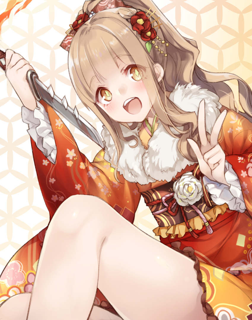 1girl bangs bare_legs blonde_hair blunt_bangs blush dagger eyebrows_visible_through_hair flower frilled_sleeves frills fur_trim hair_flower hair_ornament happy highres holding holding_dagger holding_knife holding_weapon japanese_clothes kimono knife little_red_riding_hood_(sinoalice) long_hair long_sleeves looking_at_viewer multicolored multicolored_clothes multicolored_kimono open_mouth ponytail red_flower short_kimono sidelocks sinoalice solo tassel teroru upper_body v wavy_hair weapon white_flower yellow_eyes