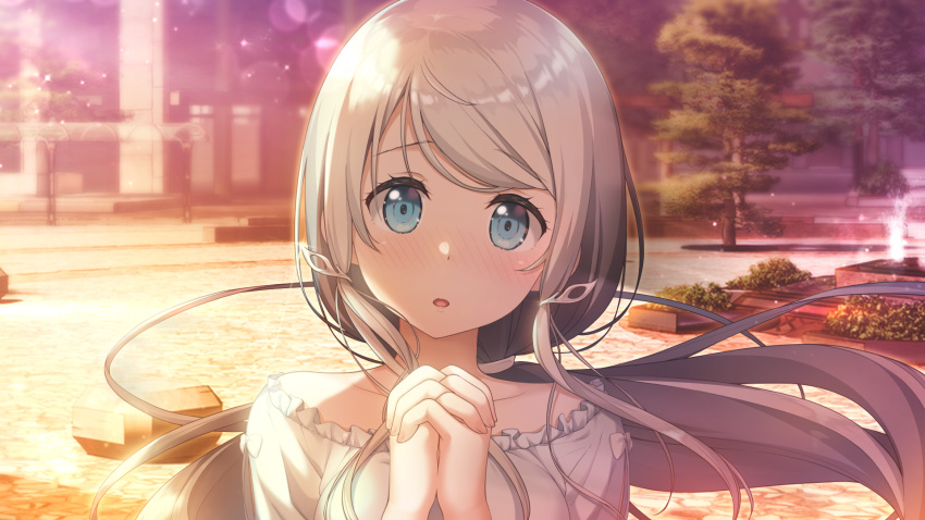 1girl bangs blue_eyes blurry blurry_background collarbone dress dusk floating_hair game_cg hair_ornament hands_clasped head_tilt highres kamisama_no_you_na_kimi_e kantoku lens_flare long_hair looking_at_viewer off-shoulder_dress off_shoulder official_art open_mouth outdoors own_hands_together portrait shiny shiny_hair silver_hair solo sundress swept_bangs tsukuyomi_(kamikimi) very_long_hair white_dress