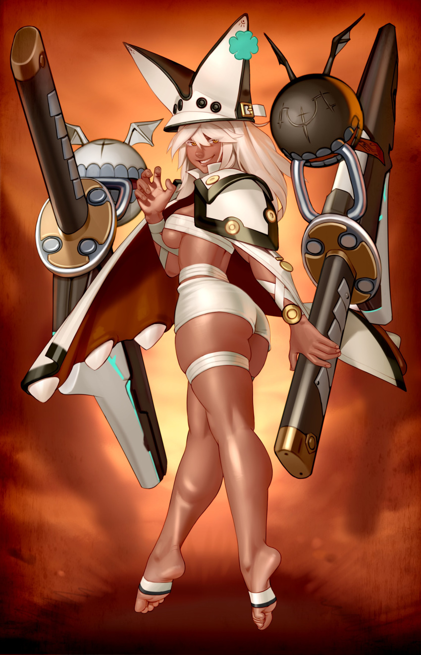 1girl absurdres ass breasts butt_crack cape clover dark_skin four-leaf_clover full_body grin guilty_gear guilty_gear_2 guilty_gear_xrd hat highres holding holding_weapon kairunoburogu large_breasts long_hair looking_at_viewer orange_background orange_eyes platinum_blonde_hair ramlethal_valentine shiny shiny_skin short_shorts shorts smile solo thigh_strap under_boob weapon