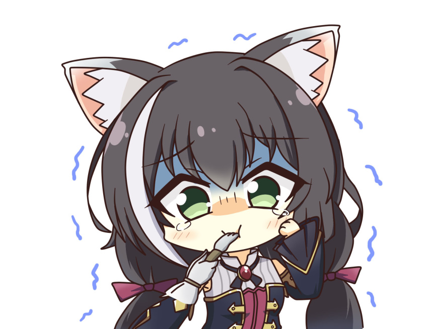 1girl animal_ear_fluff animal_ears bangs bare_shoulders black_hair blush cat_ears cat_girl chibi detached_sleeves eyebrows_visible_through_hair feeding fork green_eyes hair_between_eyes hair_ribbon hand_on_own_cheek highres holding holding_fork karyl_(princess_connect!) long_hair looking_at_viewer low_twintails multicolored_hair pov pov_hands princess_connect! princess_connect!_re:dive purple_ribbon ribbon sidelocks simple_background solo tearing_up teen_(teen629) trembling twintails two-tone_hair white_background white_hair