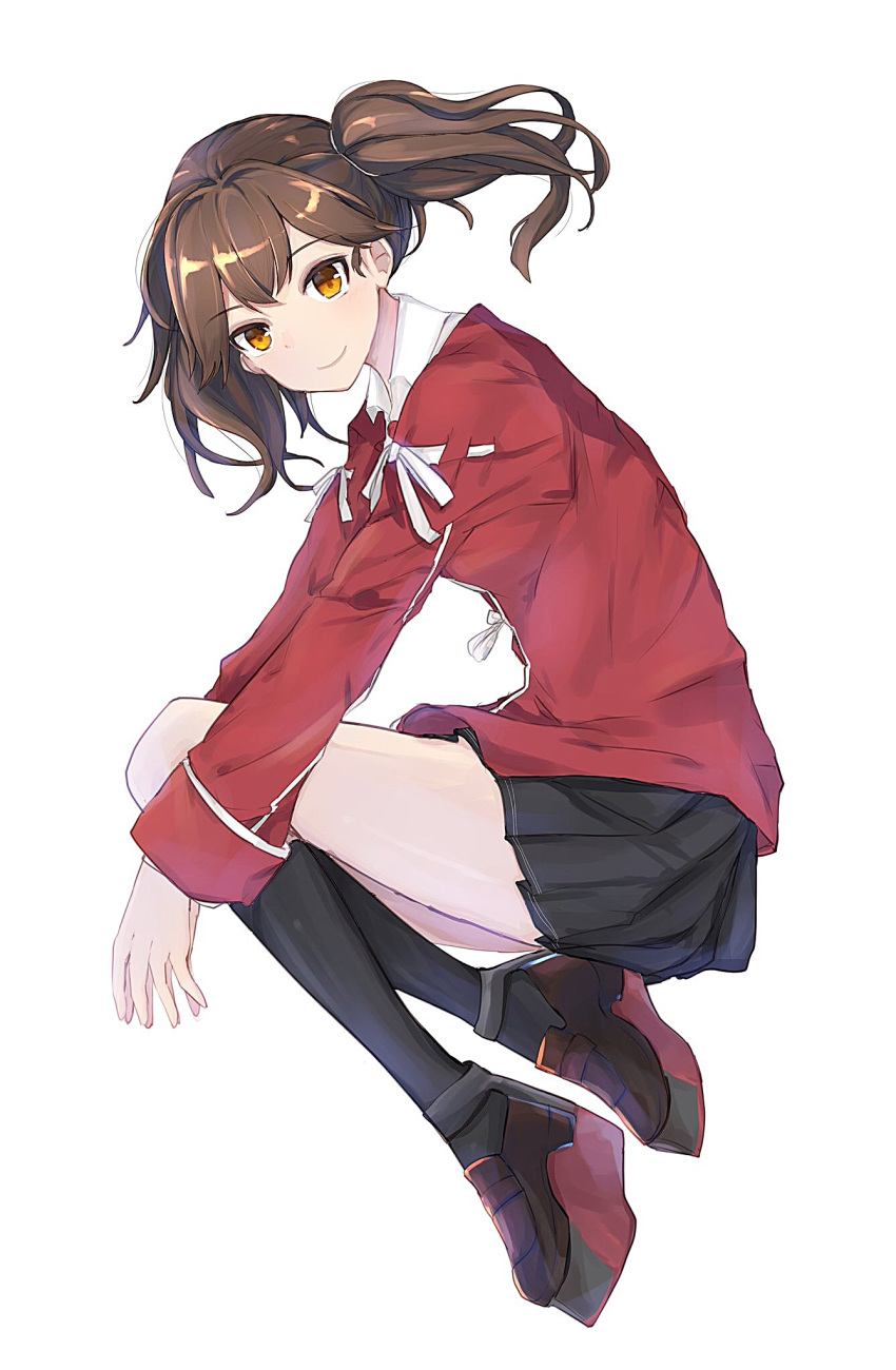1girl black_legwear black_skirt brown_eyes brown_footwear brown_hair from_side full_body highres japanese_clothes kantai_collection kariginu kneeghighs looking_at_viewer nanana_(sp6z7fa9) pleated_skirt ryuujou_(kantai_collection) simple_background skirt smile solo twintails white_background