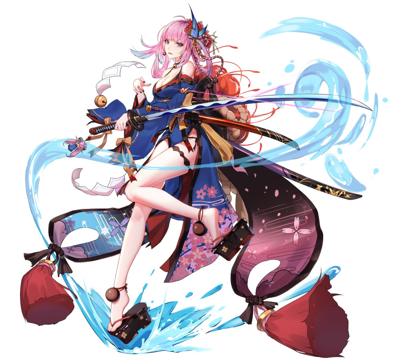 1girl 5555_96 ark_order bare_legs blue_eyes character_request feet flower hair_flower hair_ornament highres holding holding_weapon japanese_clothes katana kimono medium_hair ootachi pink_hair sword water weapon