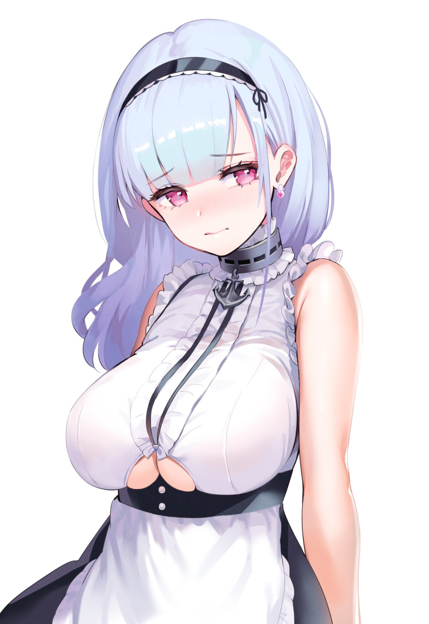 1girl anchor_choker anchor_necklace apron azur_lane bang bangs bare_shoulders black_hairband blunt_bangs breasts center_frills choker closed_mouth collar commentary_request dido_(azur_lane) earrings eating eyebrows_visible_through_hair finger_gun frilled_apron frilled_choker frills hairband heart heart_earrings highres jewelry kiyosato0928 lace-trimmed_hairband large_breasts maid maid_apron maid_dress red_eyes shirt silver_hair sleeveless sleeveless_shirt under_boob underboob_cutout waist_apron white_apron