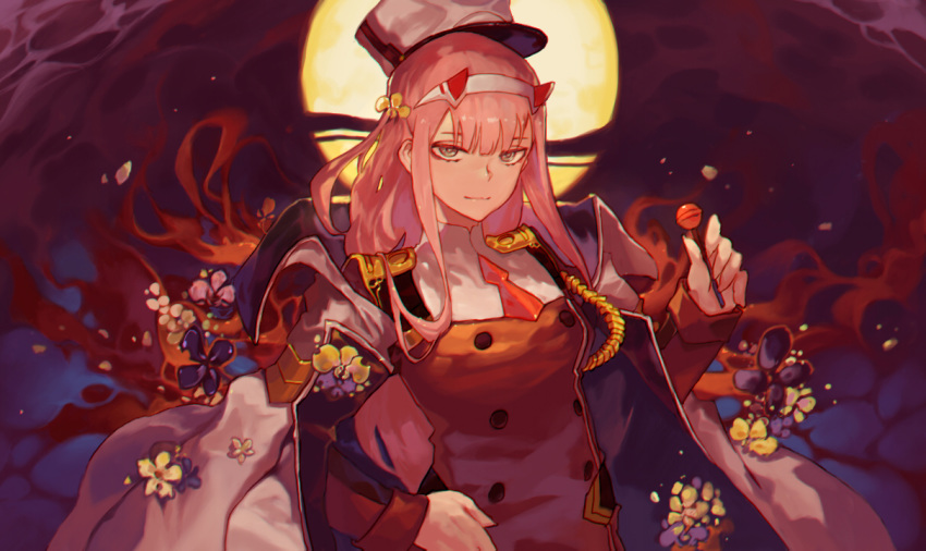 1girl aiguillette bangs black_flower blue_eyes blunt_bangs commentary darling_in_the_franxx eyeliner flower hair_flower hair_ornament hairband hand_on_hip hand_up hat holding_lollipop hong_da horns jacket_on_shoulders long_hair long_sleeves looking_at_viewer makeup military military_uniform necktie pink_hair red_horns shako_cap solo uniform upper_body yellow_flower zero_two_(darling_in_the_franxx)