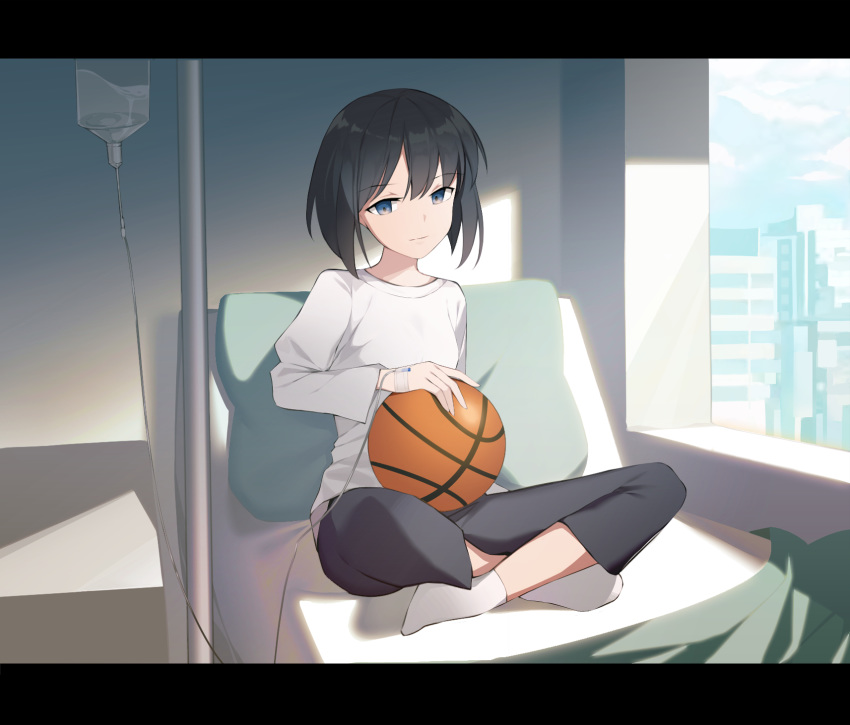 1girl ajahweea bangs basketball black_hair black_pants blue_eyes commentary crossed_legs day english_commentary eyebrows_visible_through_hair highres indoors intravenous_drip letterboxed long_sleeves no_shoes on_bed original pants pillow shirt short_hair sitting socks solo white_legwear white_shirt