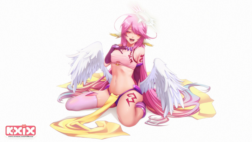 1girl :d angel_wings arm_tattoo artist_logo asymmetrical_gloves bangs bare_shoulders breasts collarbone commentary covered_nipples elbow_gloves english_commentary eyebrows_visible_through_hair feathered_wings full_body gloves gradient_hair hair_between_eyes halo hand_on_own_chest highres jibril_(no_game_no_life) k19 kneehighs leg_tattoo long_hair looking_at_viewer low_wings medium_breasts midriff mismatched_legwear multicolored_hair navel no_game_no_life o-ring o-ring_top open_mouth patreon_username pelvic_curtain pink_hair purple_bikini_bottom purple_gloves purple_legwear ribs shadow shirt sideboob sidelocks simple_background single_kneehigh single_thighhigh sitting skindentation sleeveless sleeveless_shirt smile solo tattoo teeth thigh-highs torn_clothes torn_gloves very_long_hair wariza watermark web_address white_background white_shirt white_wings wing_ears wings yellow_eyes