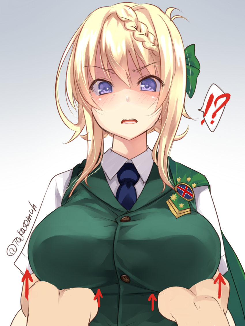 ! !? ... 1girl ? blonde_hair blue_neckwear blush braid breast_hold breast_lift breasts buttons collared_shirt directional_arrow eyebrows_visible_through_hair frown gradient gradient_background green_vest hair_between_eyes hands highres kantai_collection large_breasts necktie open_mouth perth_(kantai_collection) shaded_face shirt short_hair short_sleeves solo_focus spoken_ellipsis spoken_exclamation_mark spoken_question_mark surprised takase_muu twitter_username upper_body vest violet_eyes white_shirt