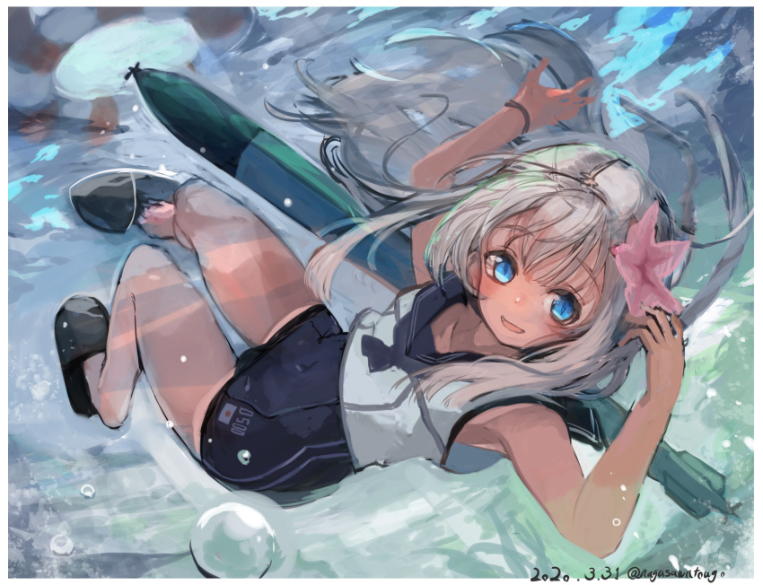 1girl air_bubble armpits bare_legs bare_shoulders blue_eyes blush bracelet breasts bubble commentary_request covered_navel crop_top flower freediving hair_flower hair_ornament highres jewelry kantai_collection lifebuoy long_hair looking_at_viewer nagasawa_tougo nontraditional_school_swimsuit one-piece_swimsuit one-piece_tan open_mouth ro-500_(kantai_collection) sailor_collar school_swimsuit school_uniform serafuku slippers smile solo submerged swimming swimsuit swimsuit_under_clothes tan tanline torpedo underwater white_hair