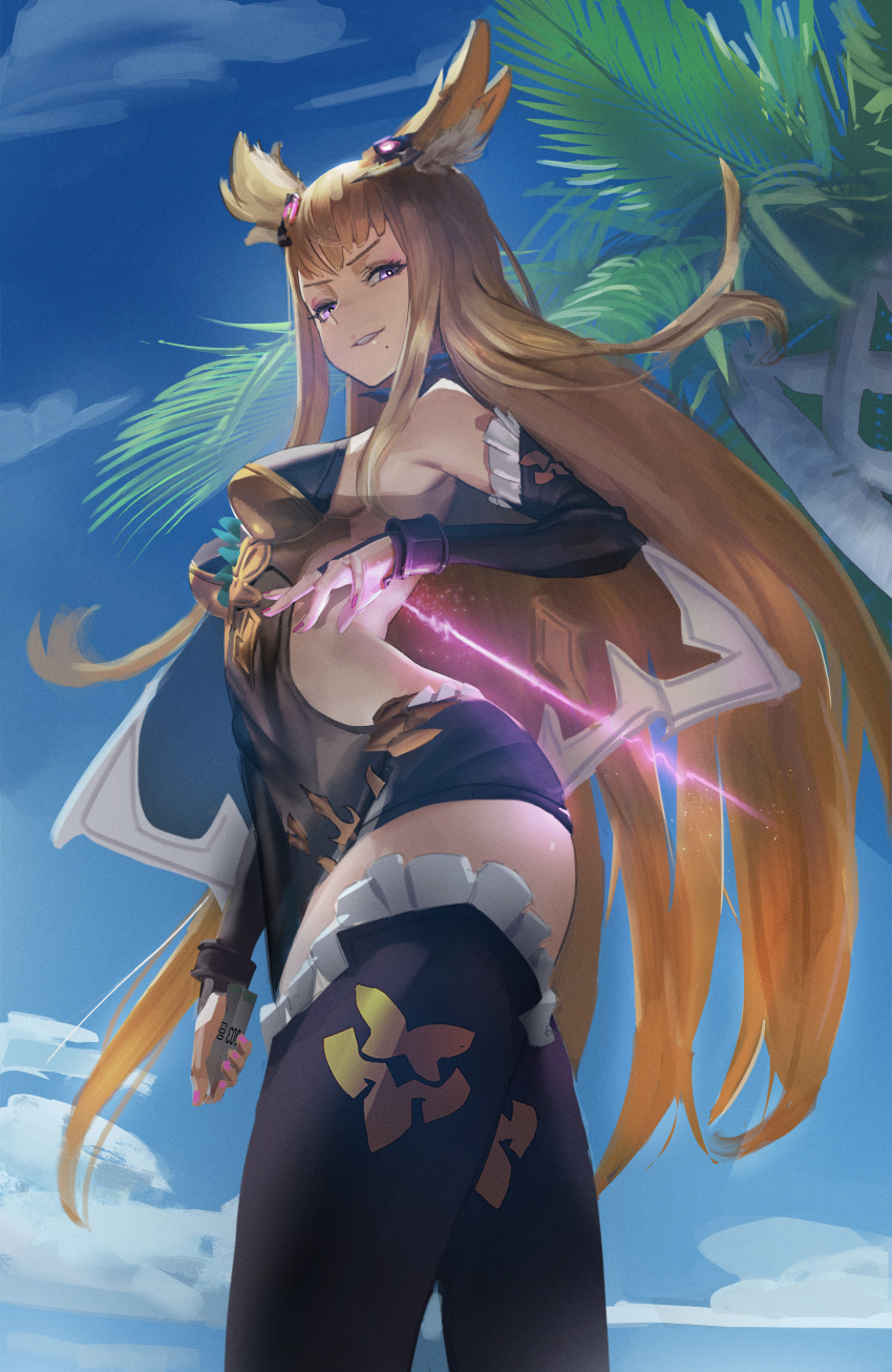1girl 1s44c absurdres animal_ears bangs breasts brown_hair erune gloves granblue_fantasy grin hair_ornament highres huge_filesize lips long_hair looking_at_viewer medium_breasts metera_(granblue_fantasy) mole mole_under_mouth palm_tree sky smile solo thigh-highs tree