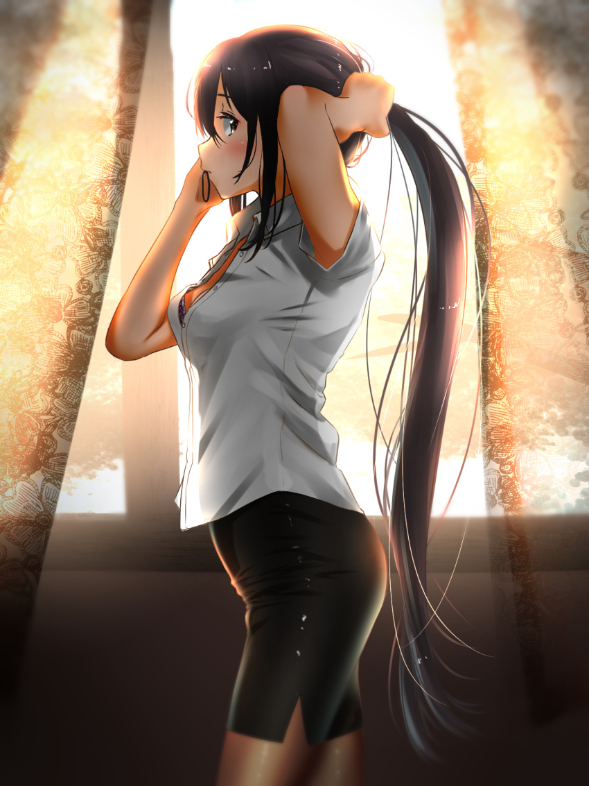 1girl adjusting_hair black_hair black_skirt blush brown_eyes buttons commentary_request cowboy_shot curtains from_side hair_between_eyes highres kantai_collection long_hair mouth_hold nachi_(kantai_collection) pantyhose pencil_skirt ponytail shirt short_sleeves skirt solo tama_(seiga46239239) very_long_hair white_shirt window