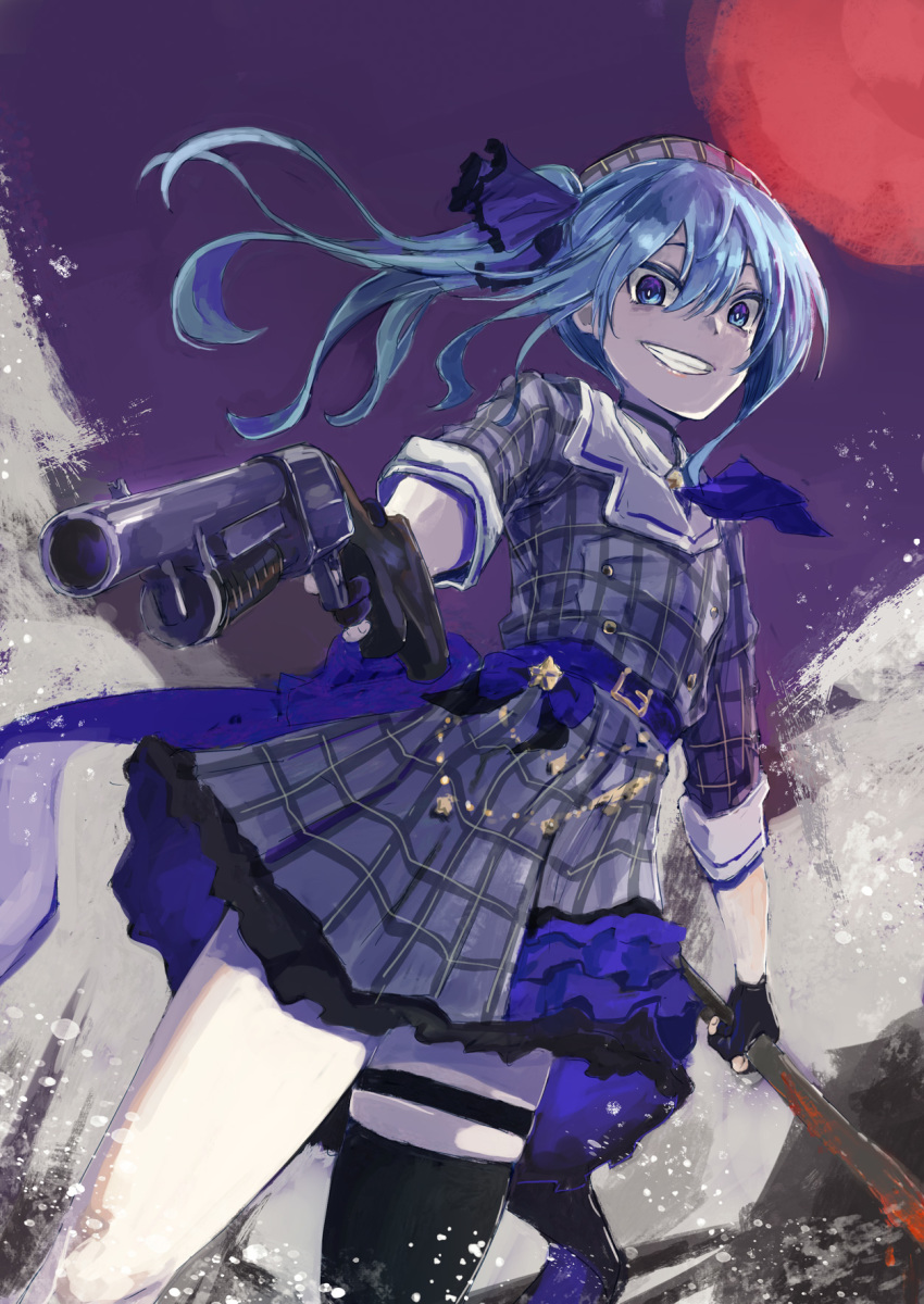 1girl bags_under_eyes black_gloves black_legwear blood bloody_weapon blue_eyes blue_hair breasts choker commentary_request cowboy_shot crazy_eyes crazy_smile dress fingerless_gloves gloves grin gun hair_between_eyes hair_ribbon highres hololive hoshimachi_suisei looking_at_viewer machete medium_hair moon night night_sky outdoors plaid plaid_dress plaid_hat red_moon ribbon sawed-off_shotgun short_dress shotgun side_ponytail single_thighhigh sky small_breasts smile solo standing suisei_channel teeth thigh-highs thigh_strap thighs virtual_youtuber weapon wing_collar yohane
