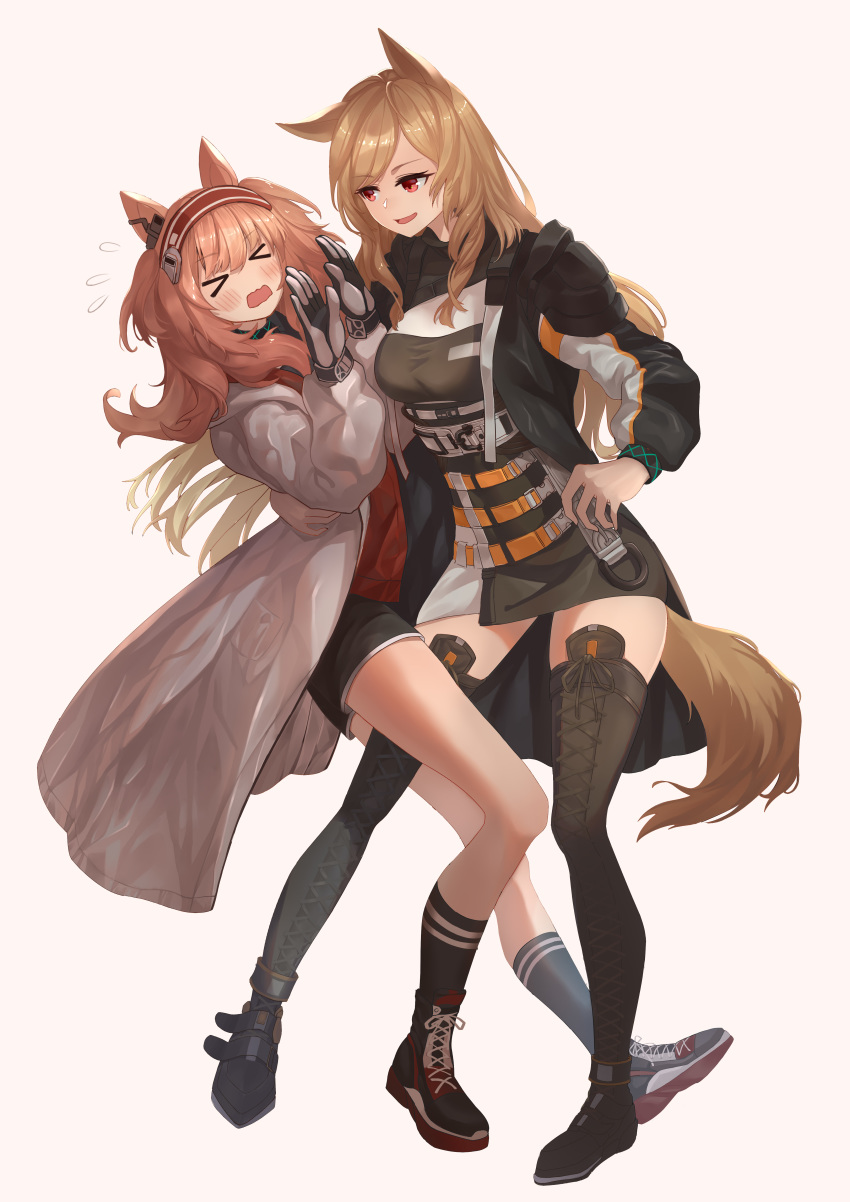 &gt;o&lt; 2girls absurdres angelina_(arknights) animal_ears arknights arm_around_waist asymmetrical_bangs bangs belt black_dress black_footwear black_jacket black_legwear black_shorts blonde_hair blush boots breasts ceobe_(arknights) cross-laced_footwear dog_ears dog_tail dress earpiece fox_ears fox_tail full_body gloves hairband highres jacket lace-up_boots long_hair looking_at_another medium_breasts multiple_girls open_mouth orange_hair parted_bangs pink_background red_eyes short_dress short_shorts shorts simple_background smile socks standing sweatdrop tail thigh-highs thigh_boots thighs turtleneck wavy_mouth white_gloves white_jacket wingure yuri zettai_ryouiki