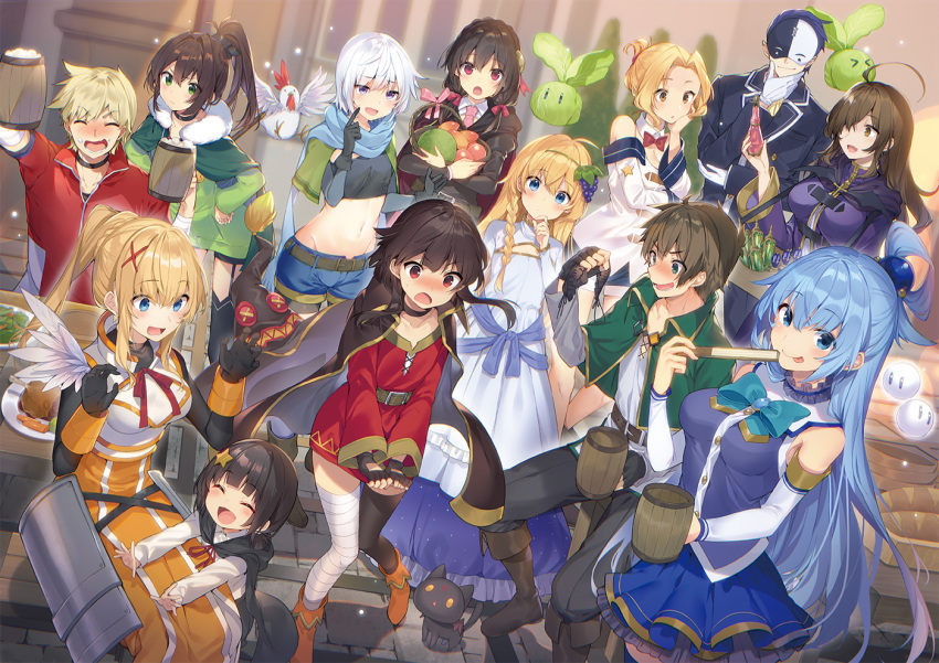 &gt;_&lt; 3boys :d :p ahoge alcohol aqua_(konosuba) armor bandaged_leg bandages beer beer_mug belt bird black_cape black_gloves black_hair black_legwear black_panties black_shirt black_skirt black_suit blonde_hair blue_eyes blue_hair blue_scarf blue_shorts blush bob_cut boots box braid bread breasts brown_belt brown_eyes brown_footwear brown_hair cabbage cape chicken chomusuke chris_(konosuba) closed_eyes crop_top cup darkness_(konosuba) dress dress_tug drunk dust_(konosuba) dutch_angle elbow_gloves embarrassed everyone excited fan feathers fingerless_gloves flat_chest flying folding_fan food food_themed_hair_ornament fruit fur_trim furrowed_eyebrows garter_straps gloves grape_hair_ornament green_cape green_dress green_eyes hair_ornament hair_over_one_eye hair_up hand_on_own_cheek hand_on_own_chin hands_on_hips hat hat_removed headwear_removed holding holding_cup holding_drink holding_fan holding_food holding_fruit holding_panties iris_(konosuba) jacket komekko kono_subarashii_sekai_ni_shukufuku_wo! lean_(konosuba) long_dress long_hair looking_ahead looking_at_another looking_at_viewer luna_(konosuba) mask medium_breasts megumin melon midriff mishima_kurone multiple_boys multiple_girls off_shoulder official_art open_mouth panties pants plate ponytail potion purple_dress raised_eyebrows red_dress red_eyes red_jacket red_ribbon ribbon salad satou_kazuma scarf shirt short_dress short_hair shorts siblings side-tie_panties sidelocks silver_hair single_braid single_thighhigh sisters skirt small_breasts smile star star_hair_ornament suit_jacket table thigh-highs tongue tongue_out underwear vanir violet_eyes white_armor white_gloves white_shirt witch_hat wiz_(konosuba) x_hair_ornament yellow_dress yunyun_(konosuba)