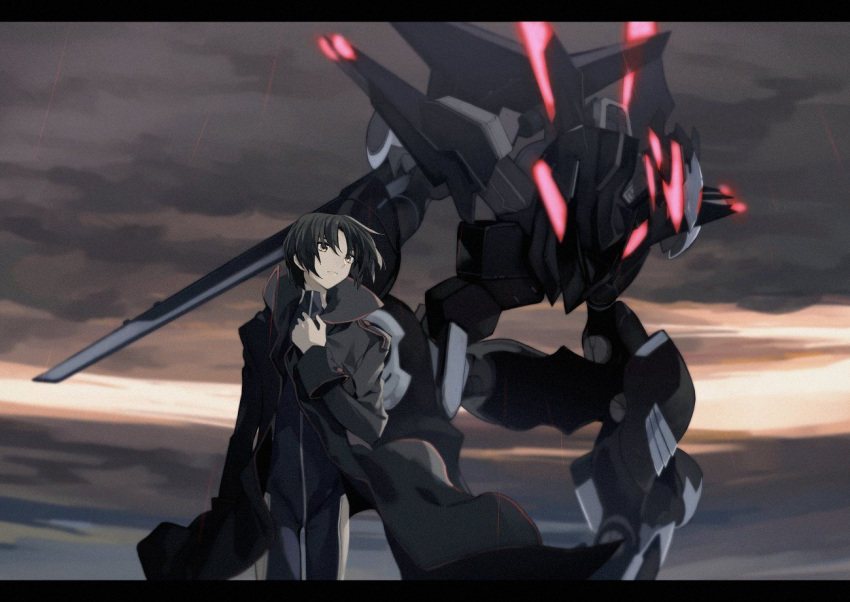 1boy bangs black_hair bodysuit clouds cloudy_sky coat eyebrows_visible_through_hair film_grain glowing grimreaper_(fafner) letterboxed long_sleeves makabe_kazuki mecha open_clothes open_coat parted_bangs pilot_suit short_hair sky soukyuu_no_fafner synergetic_suit thigh_cutout yellow_eyes yri_ll