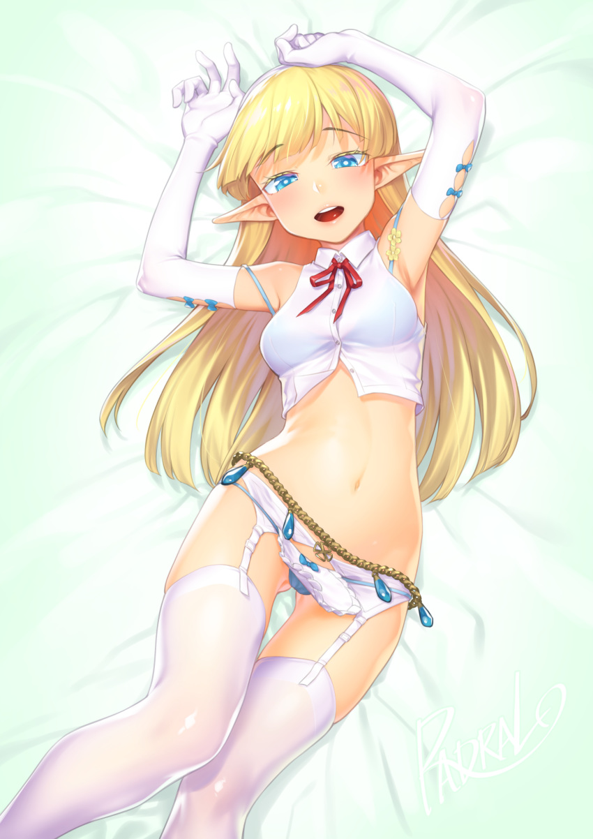 1girl :d armpits arms_up bare_shoulders bikini blonde_hair blue_bikini blue_eyes borrowed_character breasts collared_shirt commentary_request crop_top elbow_gloves elf elf_no_radral garter_belt gloves h_kasei highres long_hair looking_at_viewer medium_breasts midriff navel neck_ribbon no_pants open_mouth original pointy_ears ribbon see-through shirt sleeveless sleeveless_shirt smile solo stomach string_bikini swimsuit thigh-highs white_gloves white_legwear white_shirt