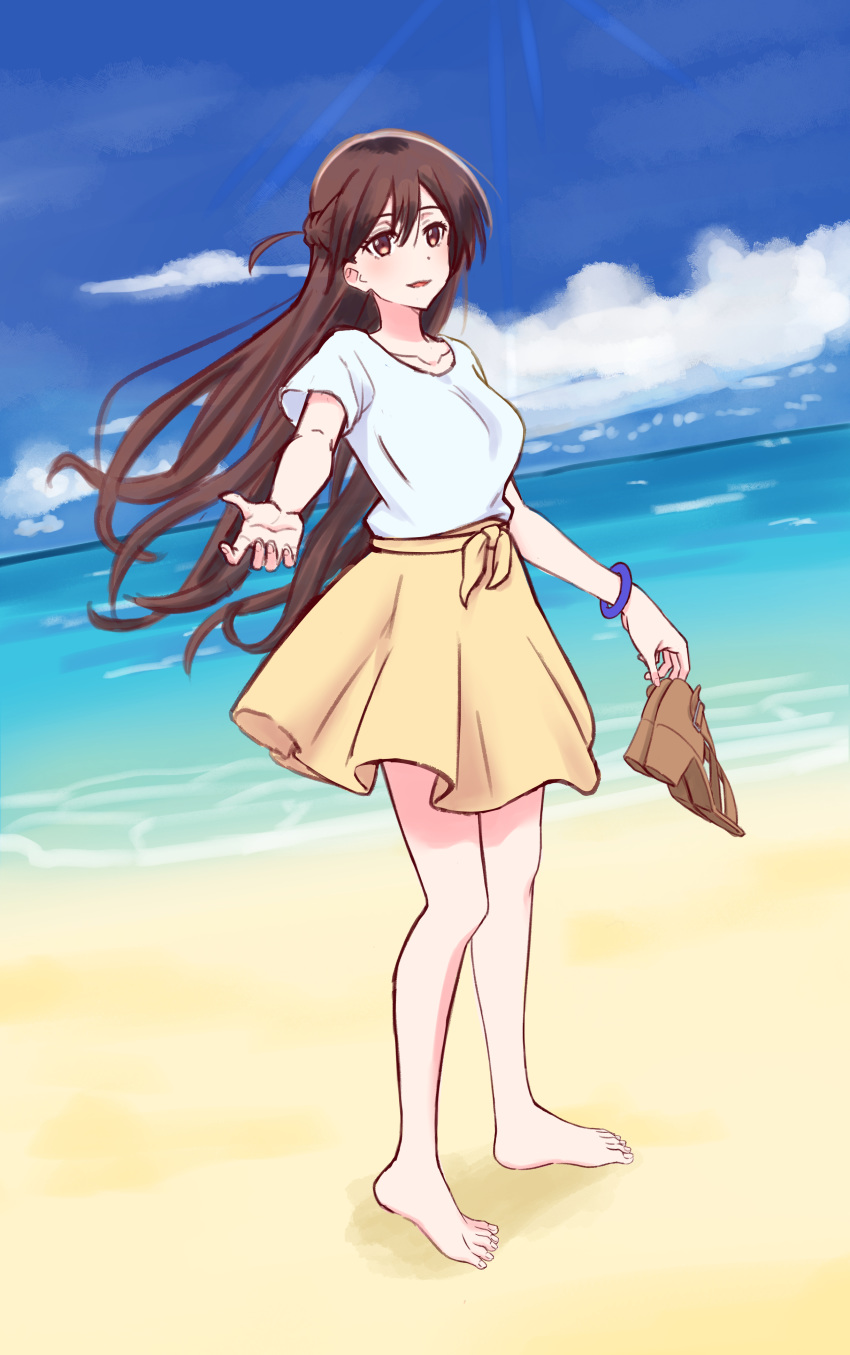 1girl absurdres barefoot beach blouse blue_sky boots_removed brown_eyes brown_footwear brown_hair clouds commentary_request day dutch_angle full_body half_updo highres kanojo_okarishimasu long_hair looking_at_viewer mizuhara_chizuru outdoors skirt sky smile solo standing swimsuit tutiya11 white_blouse yellow_skirt