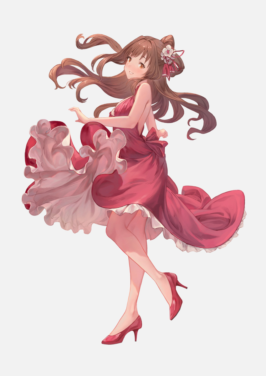 1girl backless_dress backless_outfit blush brown_eyes brown_hair dress floating_hair flower from_side full_body gawain_(artist) grin hair_flower hair_ornament hair_ribbon head_tilt high_heels highres idolmaster idolmaster_cinderella_girls long_dress long_hair looking_at_viewer pump red_dress red_footwear red_ribbon ribbon shimamura_uzuki shiny shiny_hair simple_background sleeveless sleeveless_dress smile solo standing standing_on_one_leg very_long_hair white_background white_flower