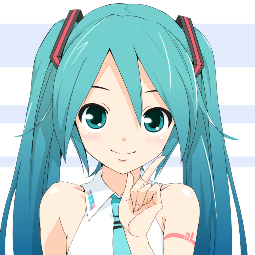 1girl aqua_eyes aqua_hair aqua_neckwear bare_shoulders commentary hair_ornament hand_up hatsune_miku index_finger_raised light_blush long_hair looking_at_viewer necktie shirt shoulder_tattoo sleeveless sleeveless_shirt smile solo soukun_s striped striped_background tattoo twintails upper_body vocaloid vocaloid_(lat-type_ver) white_shirt