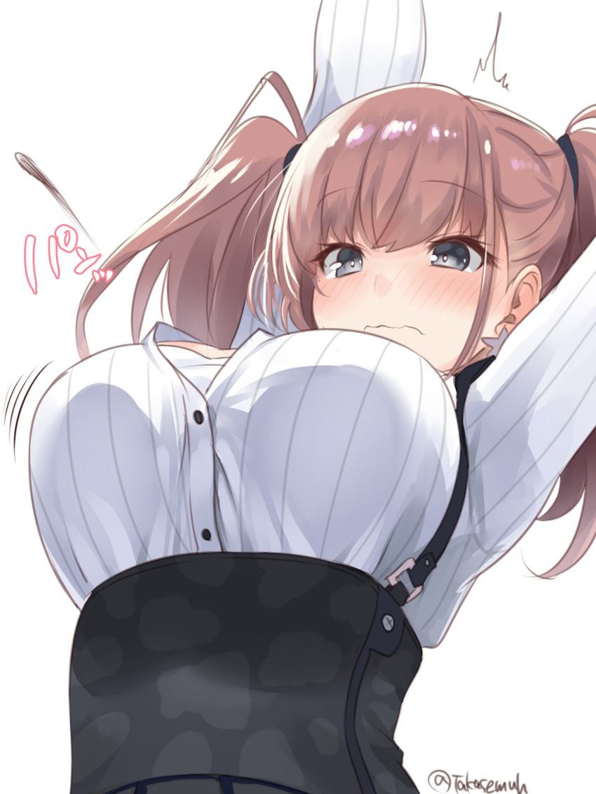 /\/\/\ 1girl anchor_hair_ornament arms_up atlanta_(kantai_collection) black_headwear breasts brown_hair bursting_breasts commentary_request dress_shirt earrings flying_button garrison_cap grey_eyes hair_ornament hat highres jewelry kantai_collection large_breasts long_hair long_sleeves popped_button shirt simple_background solo star star_earrings takase_muu twitter_username two_side_up upper_body white_background white_shirt