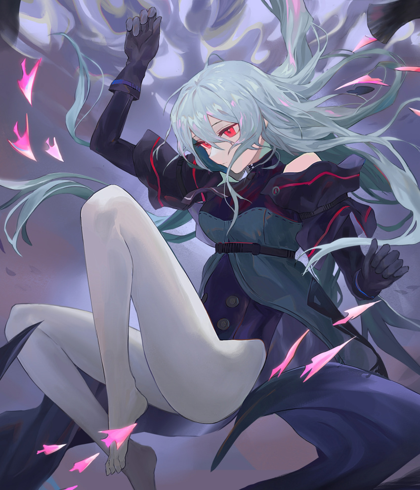 1girl arknights bare_legs barefoot black_dress black_gloves breasts closed_mouth directional_arrow double-breasted dress expressionless full_body gloves hair_between_eyes highres koio long_hair looking_down medium_breasts red_eyes silver_hair skadi_(arknights) solo thighs turtleneck underwater waistcoat