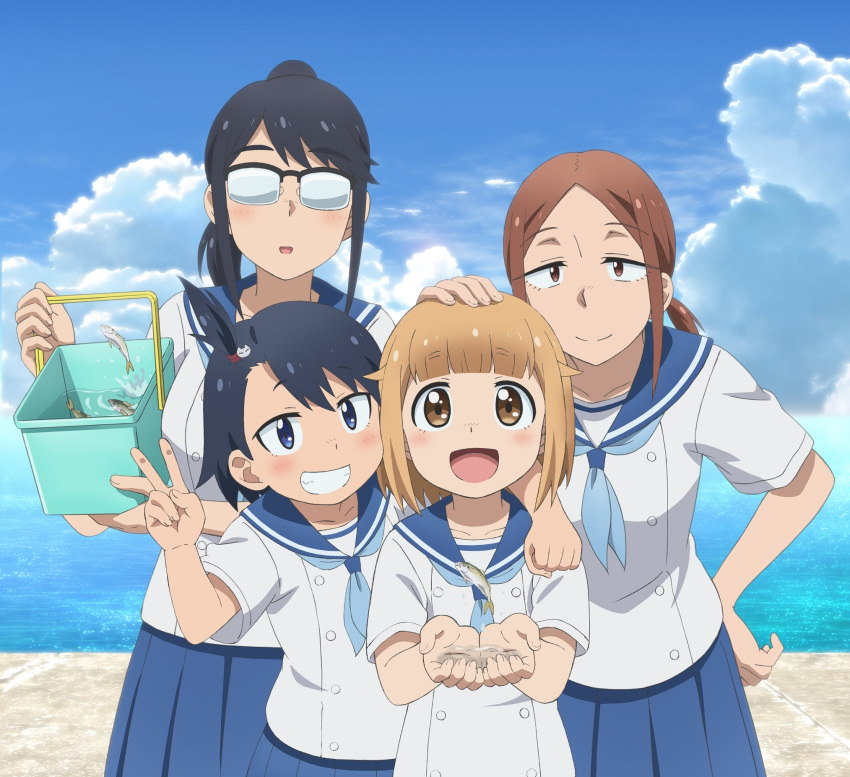 4girls :d bangs black_hair blue_eyes blue_ribbon blue_skirt blue_sky brown_eyes brown_hair bucket closed_eyes clouds collarbone cupping_hands day eyebrows_visible_through_hair fish glasses hair_ornament hand_on_another's_head hand_on_hip highres hodaka_natsumi holding holding_bucket houkago_teibou_nisshi kuroiwa_yuuki multiple_girls ocean official_art oono_makoto open_mouth outdoors pleated_skirt ponytail ribbon sailor_collar school_uniform shirt sidelocks skirt sky smile teeth tsurugi_hina v white_shirt